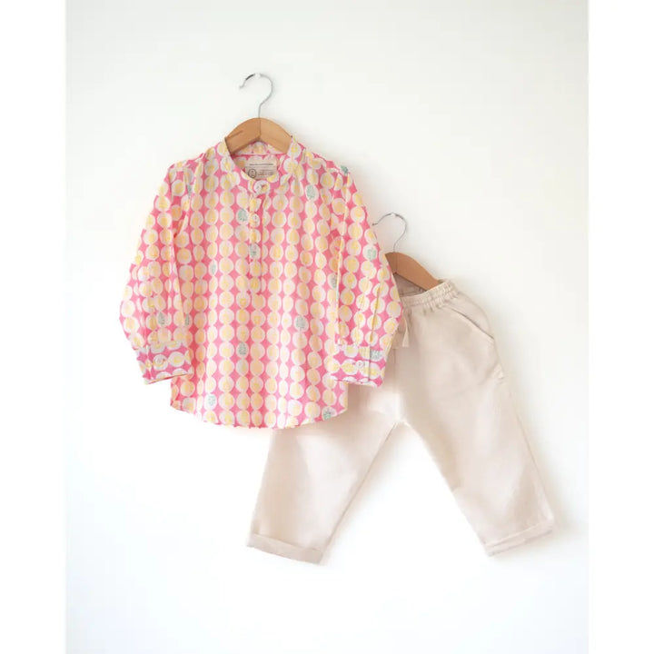 Love The World Today Leela Pink White Monstera Print Full Sleeve Shirt Kurta For Boys