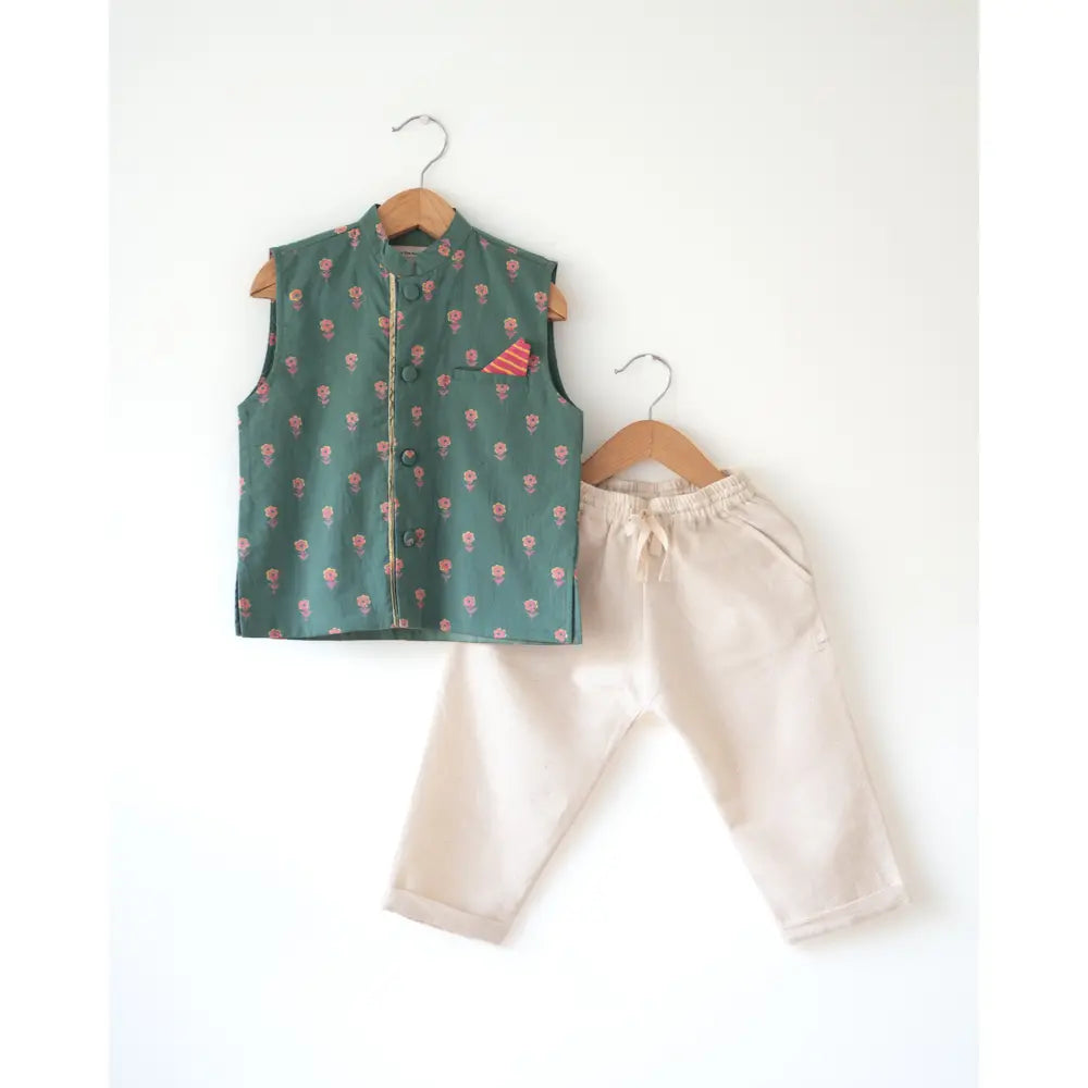 Love The World Today Kopal Green Floral Booti Cotton Bandi Jacket For Boys