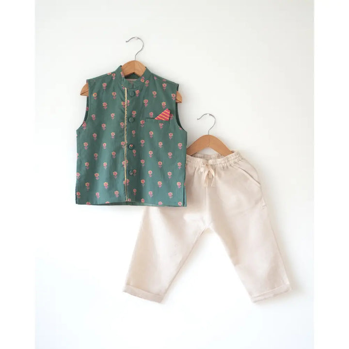 Love The World Today Kopal Green Floral Booti Cotton Bandi Jacket For Boys