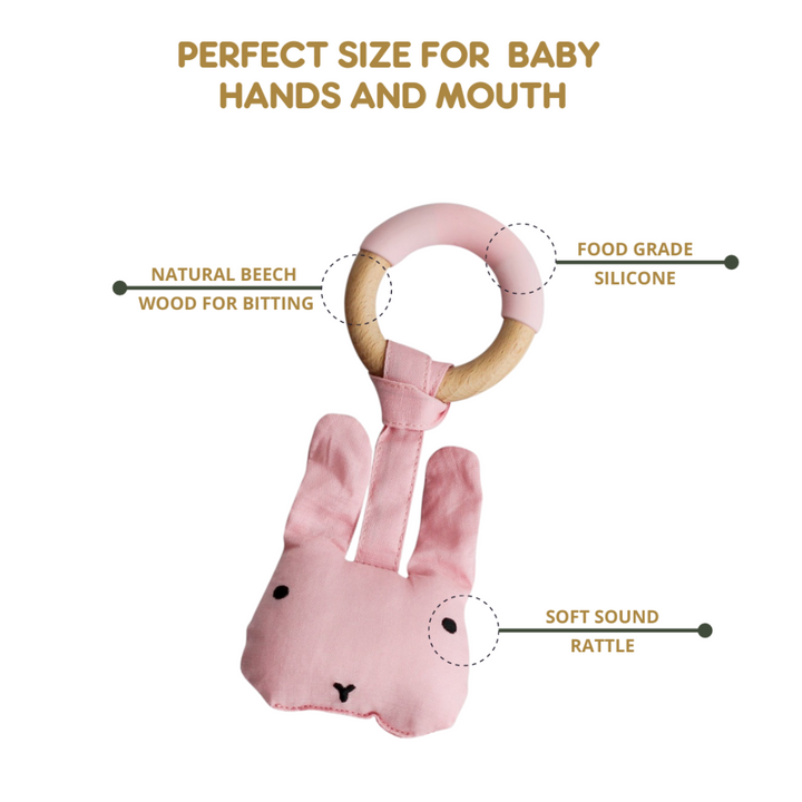 Little Rawr Wood Plush Rattle Teether Toy - Rabbit