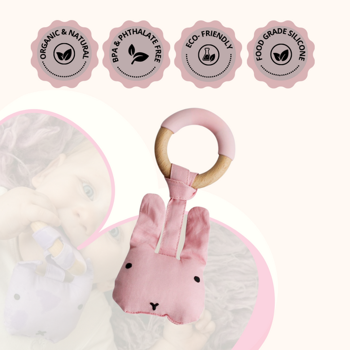 Little Rawr Wood Plush Rattle Teether Toy - Rabbit