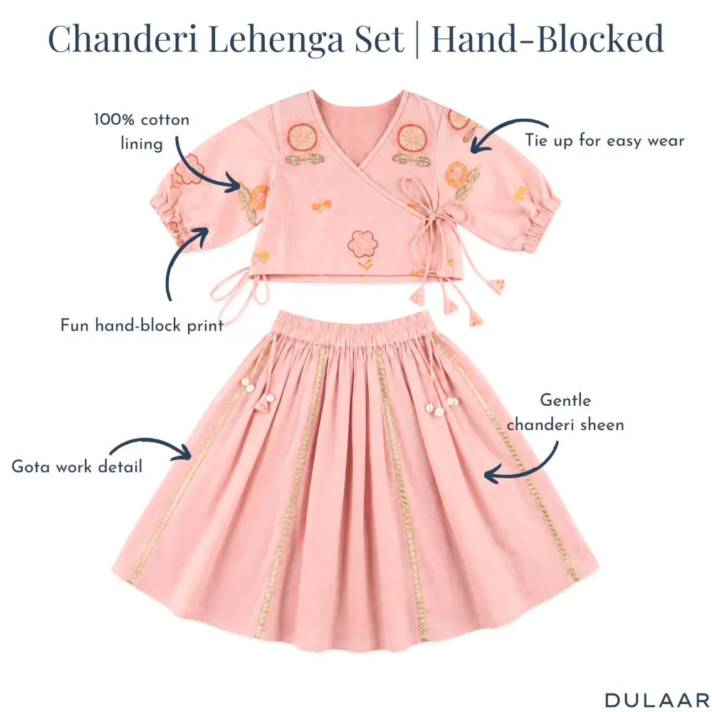 Dulaar Chanderi Lehenga Set | Hand-Block Printed (Zardosi Booti Work) - Phool aur Titli