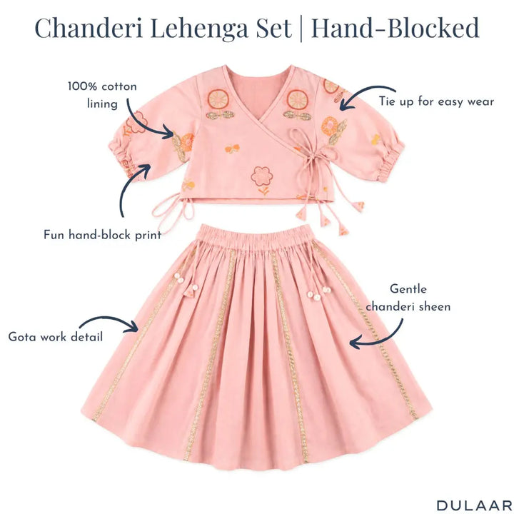 Dulaar Chanderi Lehenga Set | Hand-Block Printed (Zardosi Booti Work) - Phool aur Titli