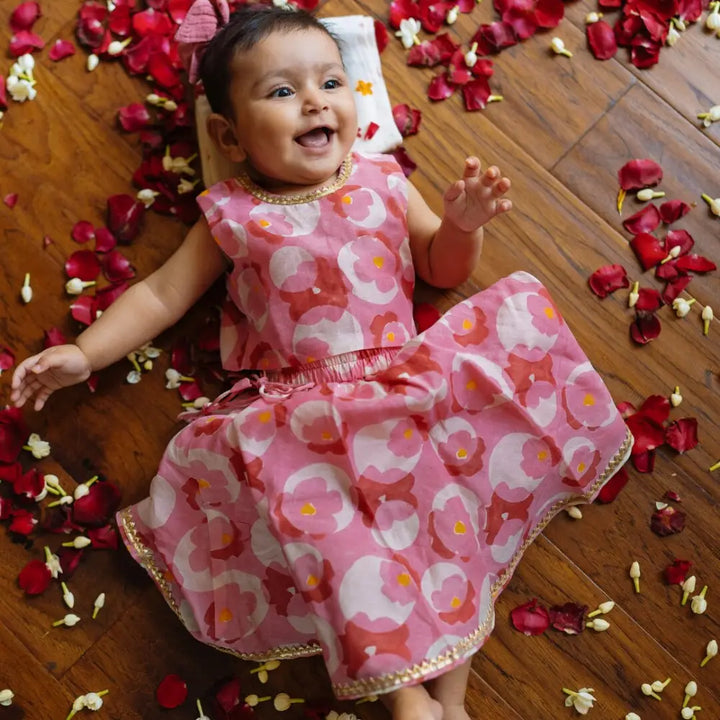 Dulaar Chanderi Lehenga Set | Hand-Block Printed (Gota Work) - Flowering Circles