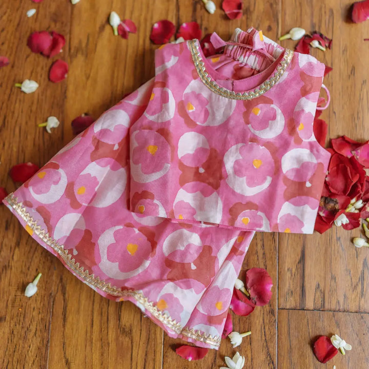 Dulaar Chanderi Lehenga Set | Hand-Block Printed (Gota Work) - Flowering Circles