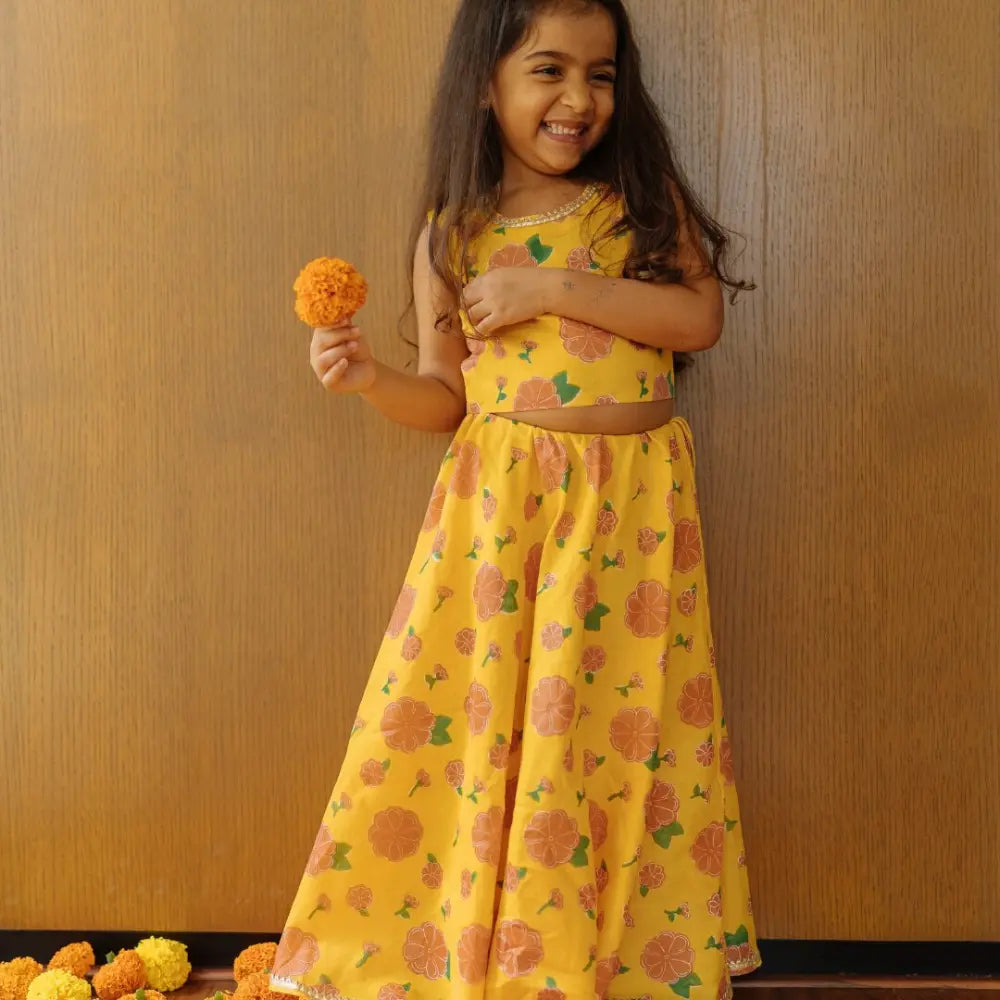 Dulaar Chanderi Lehenga Set | Hand-Block Printed (Gota Work) - Genda Phool