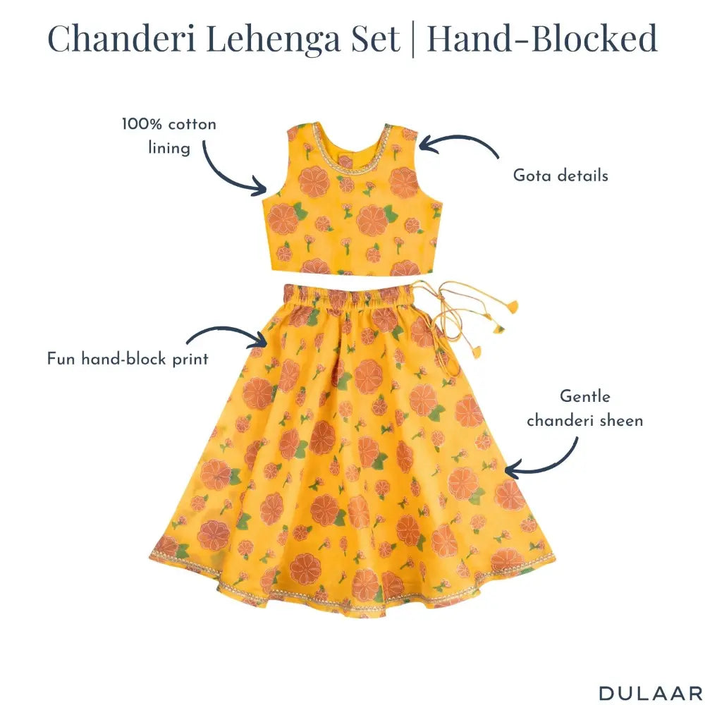 Dulaar Chanderi Lehenga Set | Hand-Block Printed (Gota Work) - Genda Phool