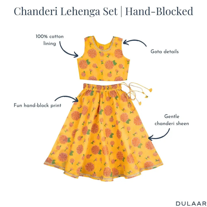 Dulaar Chanderi Lehenga Set | Hand-Block Printed (Gota Work) - Genda Phool