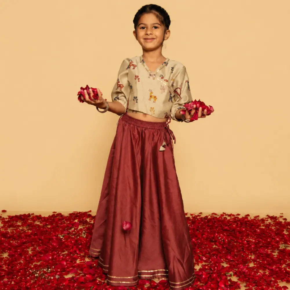 Dulaar Chanderi Lehenga Set | Hand-Block Printed (Gota Work) - Happy Hiran