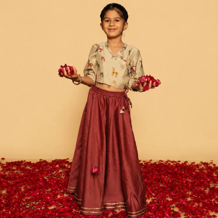 Dulaar Chanderi Lehenga Set | Hand-Block Printed (Gota Work) - Happy Hiran