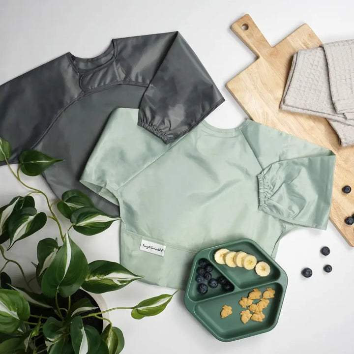 Tiny Twinkle Mess-Proof Full Sleeve Bib Pack of 2 - Recycled Sage &amp; Charcoal - Small (6-24 Months)