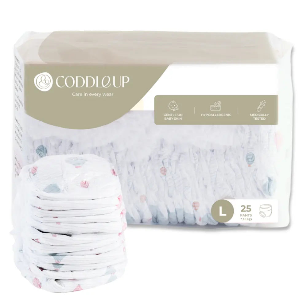 CODDLE UP Baby Pull-Up Diapers, Ultra Soft, Hypoallergenic, Breathable &amp; Leak-Proof - Large (7–12 kg), 25 Count