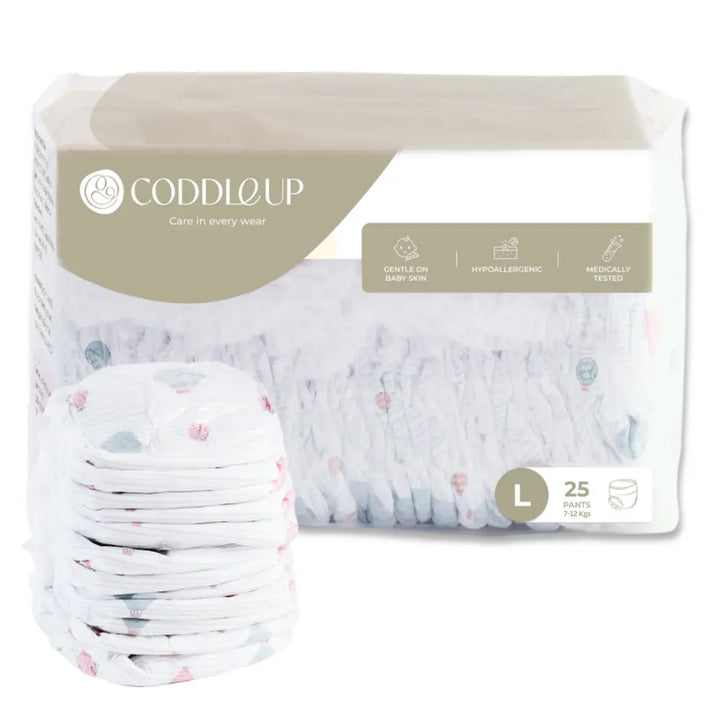 CODDLE UP Baby Pull-Up Diapers, Ultra Soft, Hypoallergenic, Breathable &amp; Leak-Proof - Large (7–12 kg), 25 Count