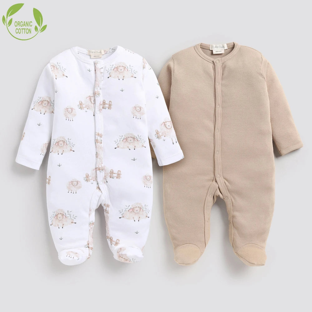 Cot &amp; Candy Baby Organic Footed Sleepsuit - Latte + Sheep print