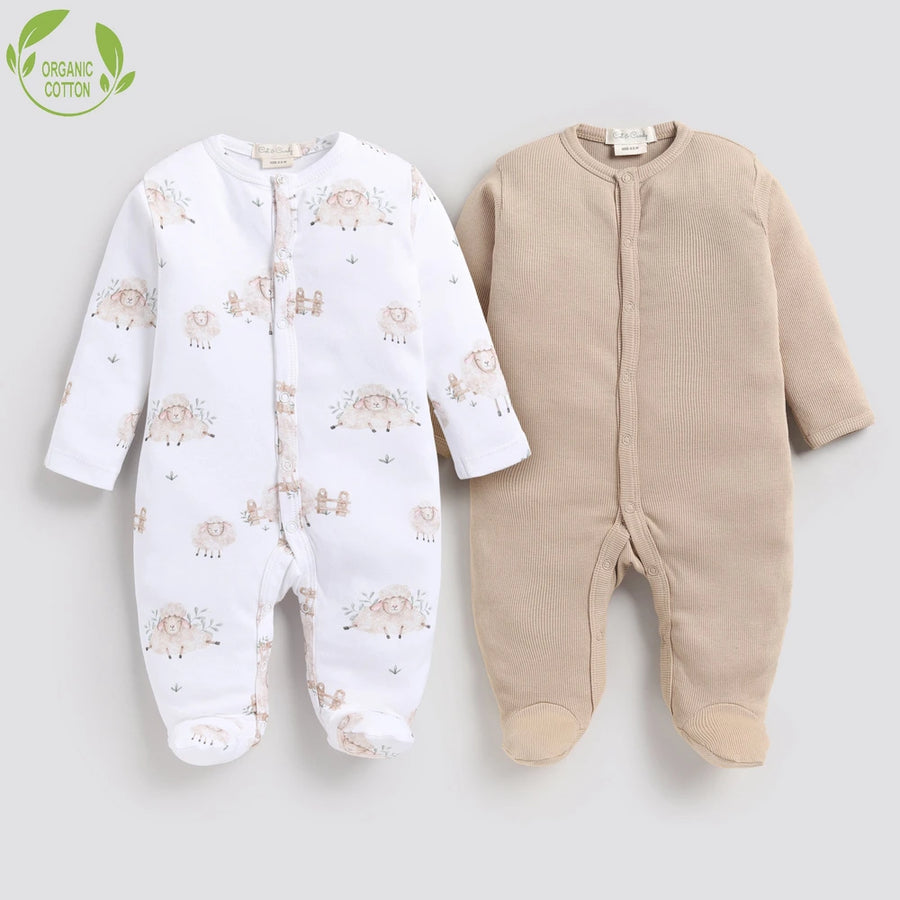 Cot & Candy Baby Organic Footed Sleepsuit - Latte + Sheep print