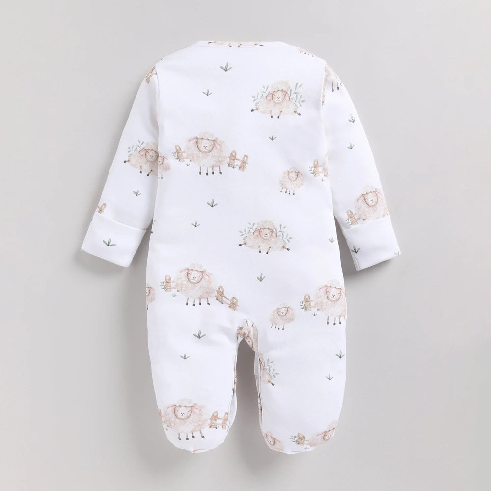 Cot &amp; Candy Baby Organic Footed Sleepsuit - Latte + Sheep print