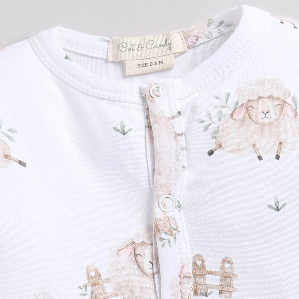 Cot &amp; Candy Baby Organic Footed Sleepsuit - Latte + Sheep print