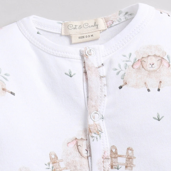 Cot &amp; Candy Baby Organic Footed Sleepsuit - Latte + Sheep print