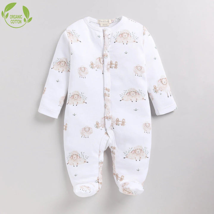Cot &amp; Candy Baby Organic Footed Sleepsuit - Latte + Sheep print