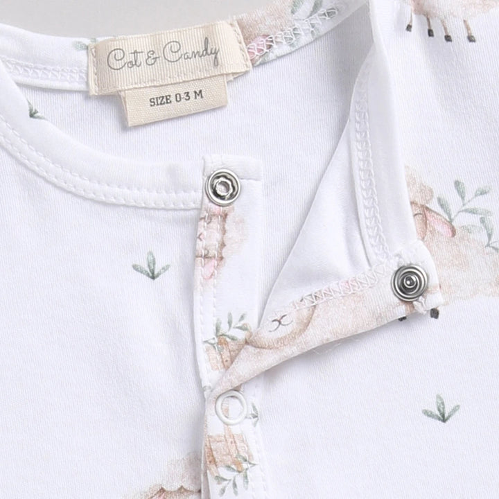 Cot &amp; Candy Baby Organic Footed Sleepsuit - Latte + Sheep print
