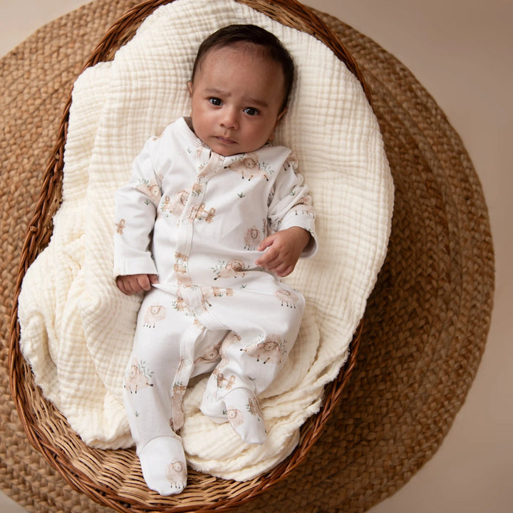 Cot &amp; Candy Baby Organic Footed Sleepsuit - Latte + Sheep print