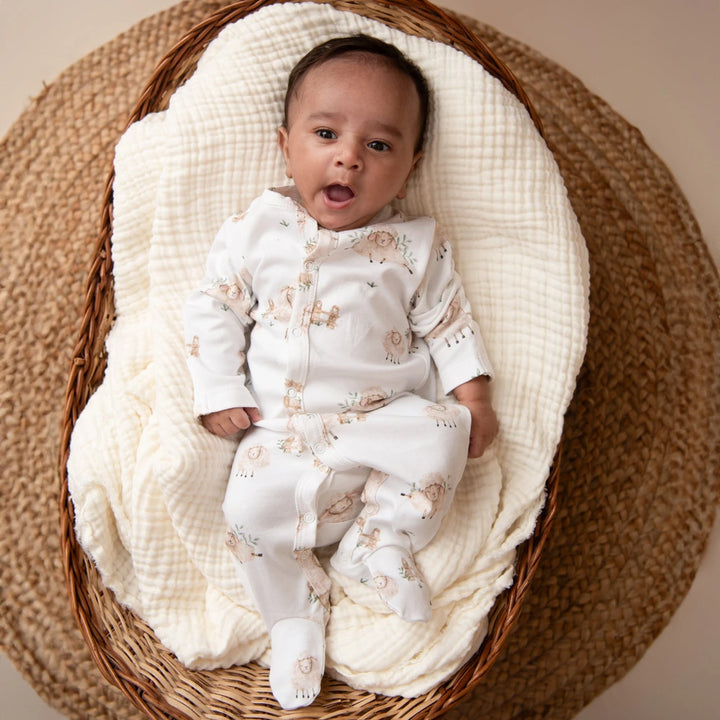 Cot &amp; Candy Baby Organic Footed Sleepsuit - Latte + Sheep print