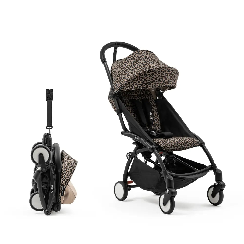 Stokke YOYO3 Stroller | Lightweight Compact Travel Stroller for Babies | Cabin Friendly &amp; Foldable | UPF 50+ Sun Protection | 5 Point Safety Harness | Award Winning Design | YOYO Stroller India | 6 Months to 4 Years - Black/Leopard