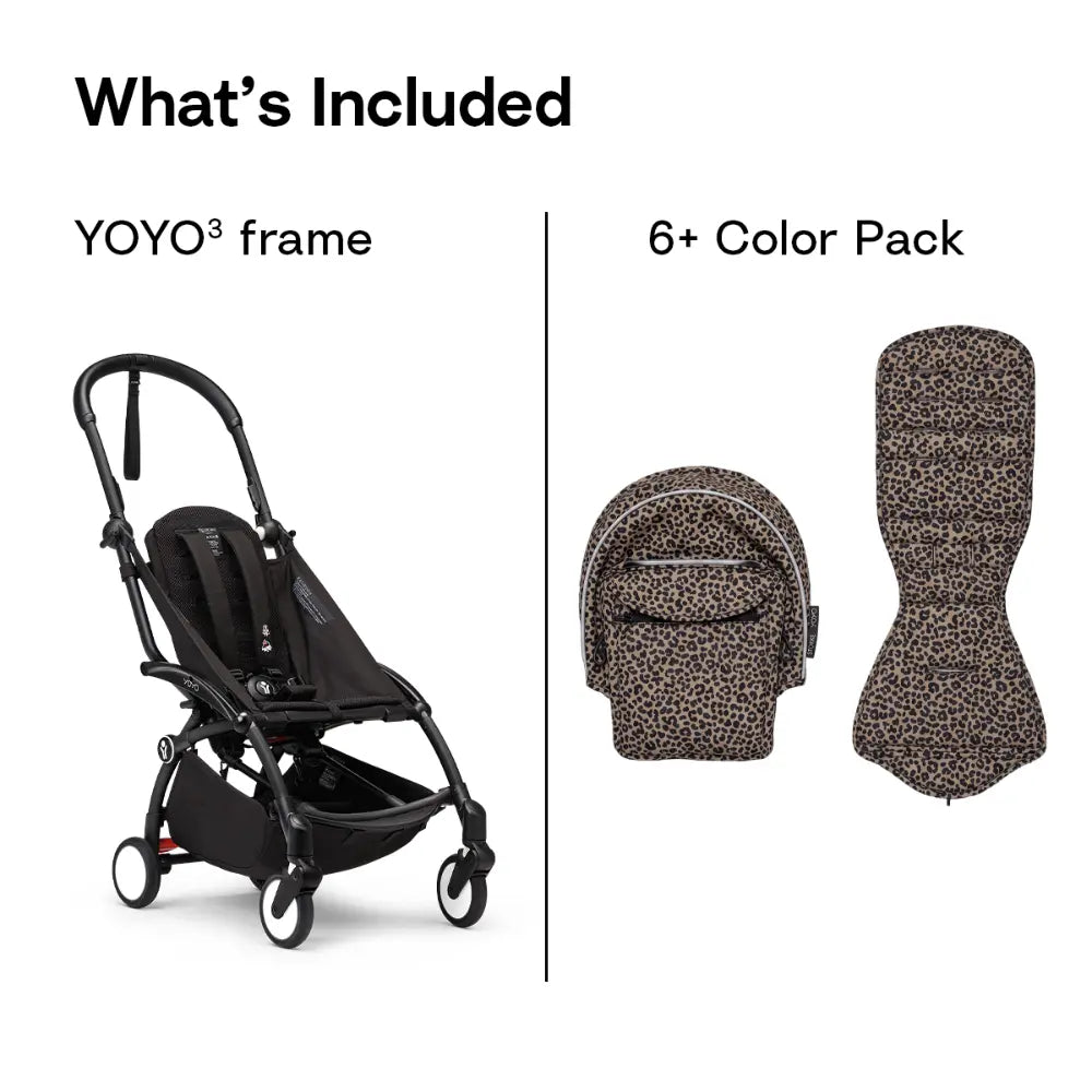 Stokke YOYO3 Stroller | Lightweight Compact Travel Stroller for Babies | Cabin Friendly &amp; Foldable | UPF 50+ Sun Protection | 5 Point Safety Harness | Award Winning Design | YOYO Stroller India | 6 Months to 4 Years - Black/Leopard