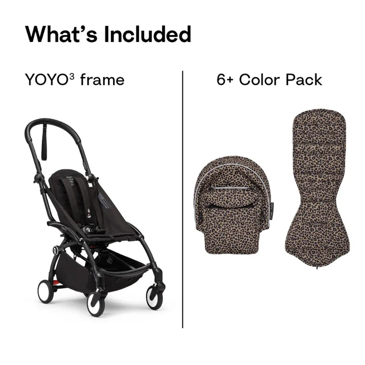 Stokke YOYO3 Stroller | Lightweight Compact Travel Stroller for Babies | Cabin Friendly &amp; Foldable | UPF 50+ Sun Protection | 5 Point Safety Harness | Award Winning Design | YOYO Stroller India | 6 Months to 4 Years - Black/Leopard