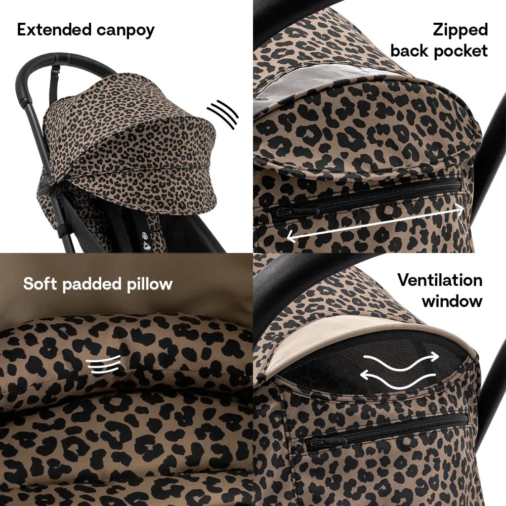 Stokke YOYO3 Stroller | Lightweight Compact Travel Stroller for Babies | Cabin Friendly &amp; Foldable | UPF 50+ Sun Protection | 5 Point Safety Harness | Award Winning Design | YOYO Stroller India | 6 Months to 4 Years - Black/Leopard