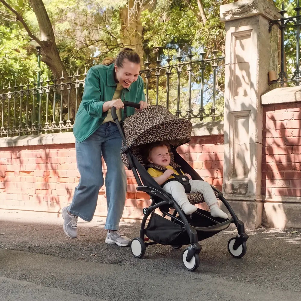 Stokke YOYO3 Stroller | Lightweight Compact Travel Stroller for Babies | Cabin Friendly &amp; Foldable | UPF 50+ Sun Protection | 5 Point Safety Harness | Award Winning Design | YOYO Stroller India | 6 Months to 4 Years - Black/Leopard