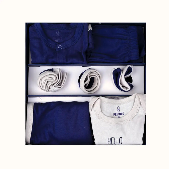 Prekies Newborn Baby Boy Essentials Gift Set - 10-Piece Hello World Print - Blue