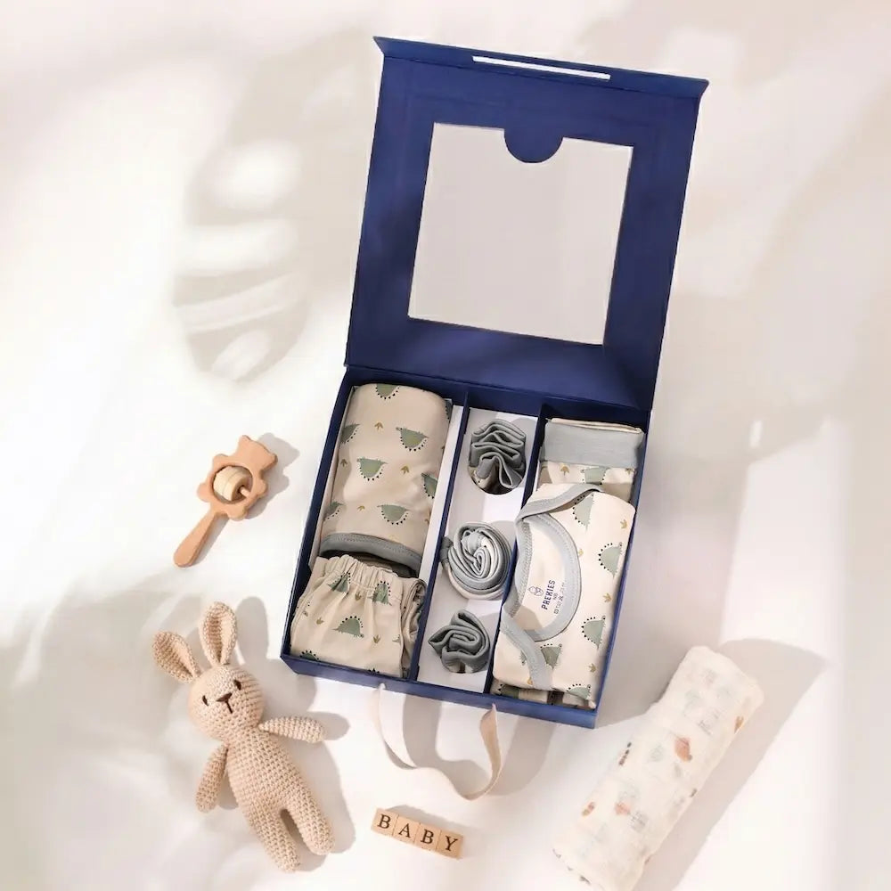 Prekies Newborn Baby Essentials Gift Set - 10-Piece Dino Print Set - Cream &amp; Olive
