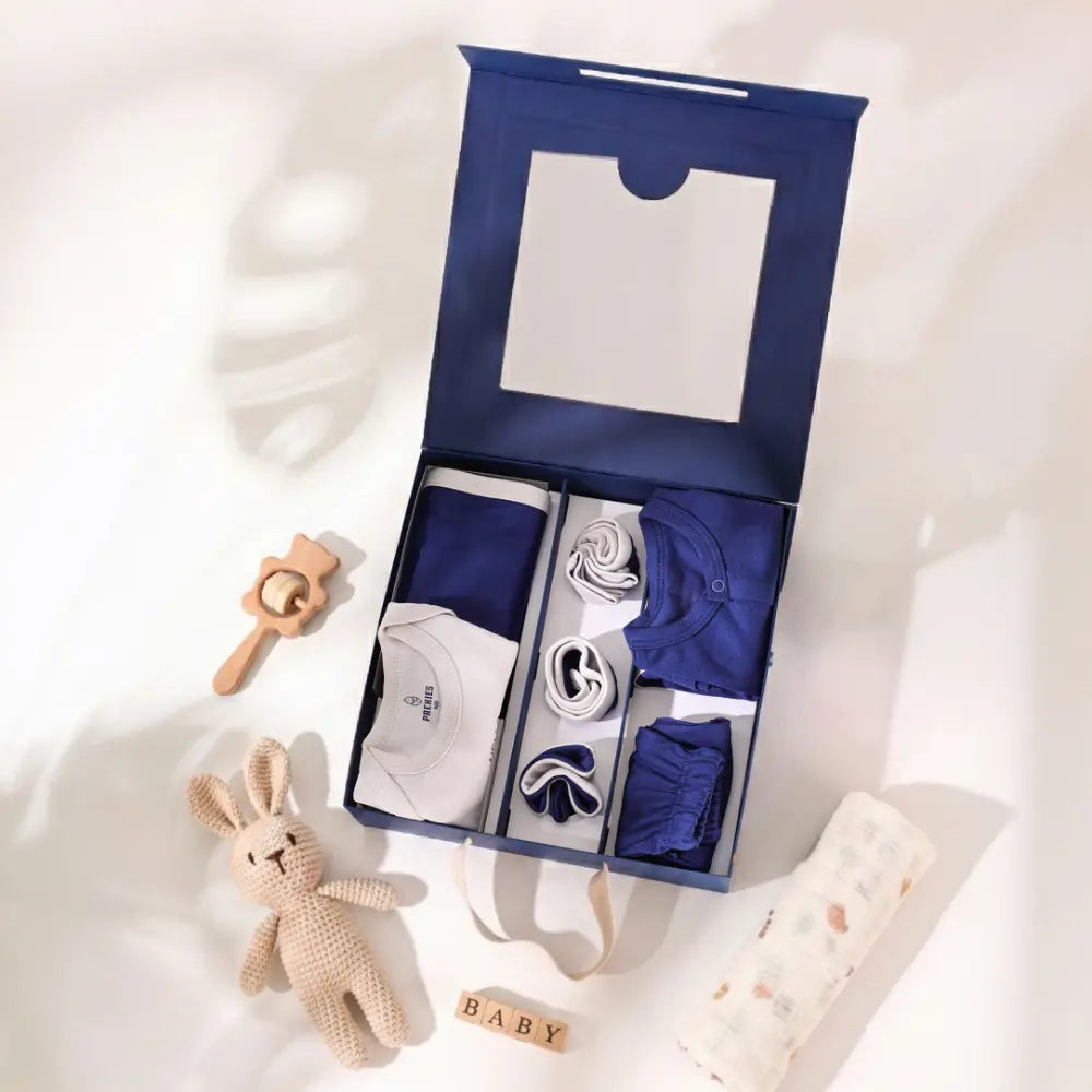 Prekies Newborn Baby Boy Essentials Gift Set - 10-Piece Hello World Print - Blue