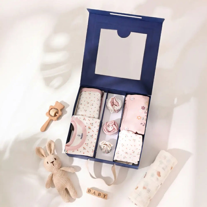 Prekies Newborn Baby Girl Essentials Gift Set - 10-Piece Flower Print - Baby Pink