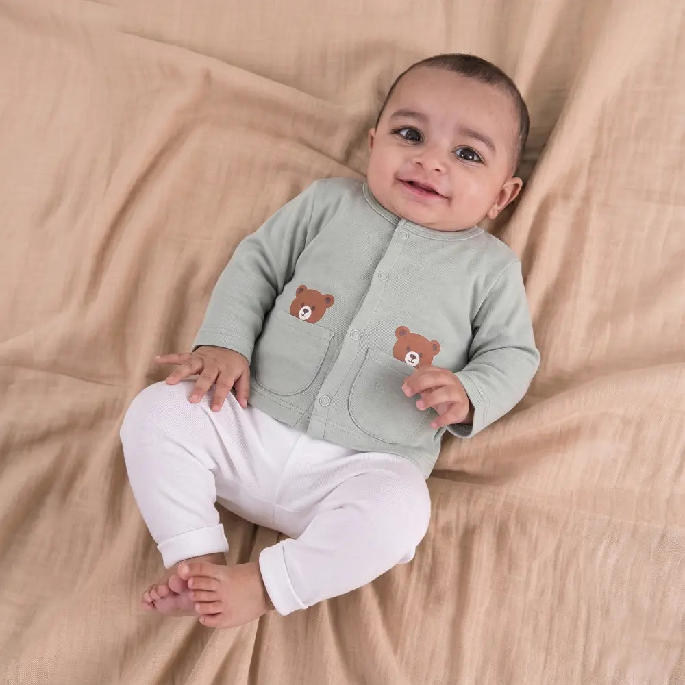 Prekies Cotton Jhablas Bear Print - Olive Green &amp; Peach (Set of 3)