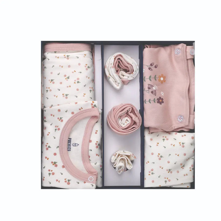 Prekies Newborn Baby Girl Essentials Gift Set - 10-Piece Flower Print - Baby Pink