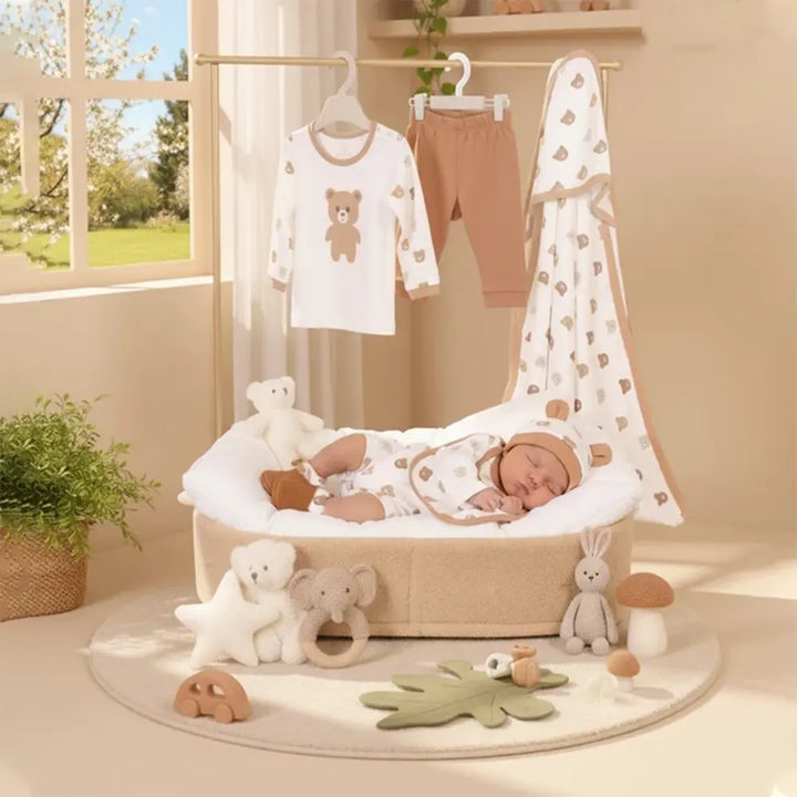 Prekies Newborn Baby Essentials Gift Set - 10-Piece Bear Print Set - Cream &amp; Beige