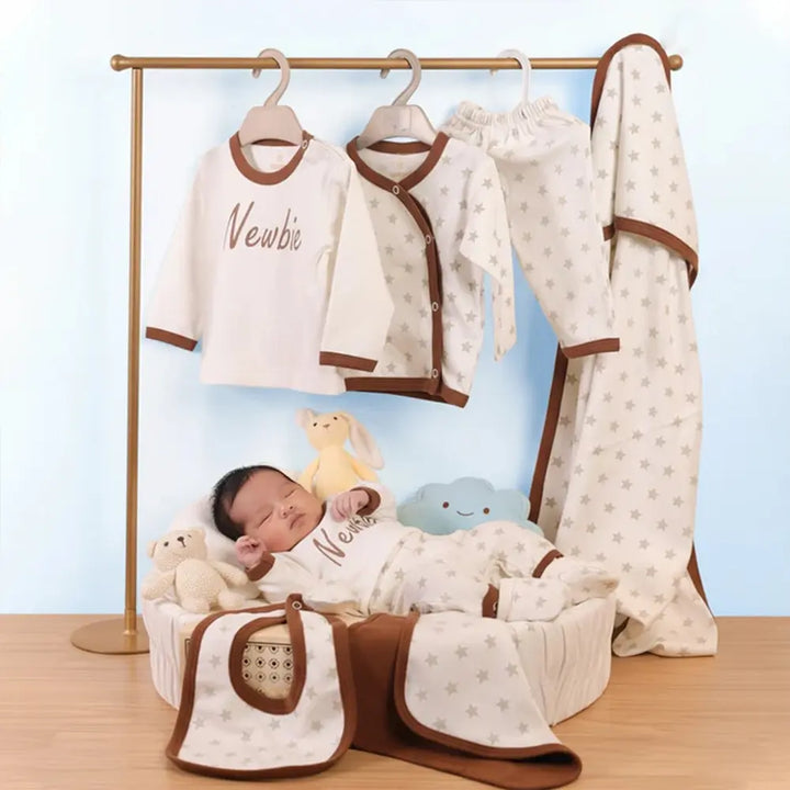Prekies Newborn Baby Essentials Gift Set - 10-Piece Newbie Print - Cream &amp; Brown