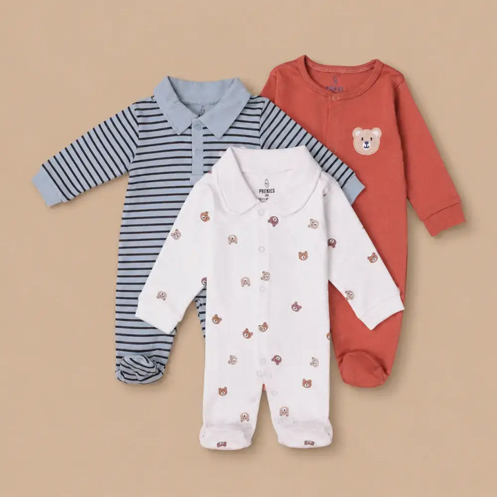 Prekies Newborn Cotton Sleepsuits Bear Face Print - Multi (Set of 3)