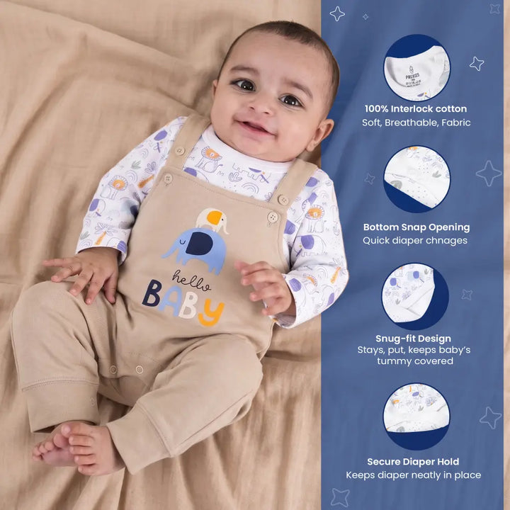 Prekies Newborn Cotton Dungaree Set Elephant &amp; Lion Print - Multi