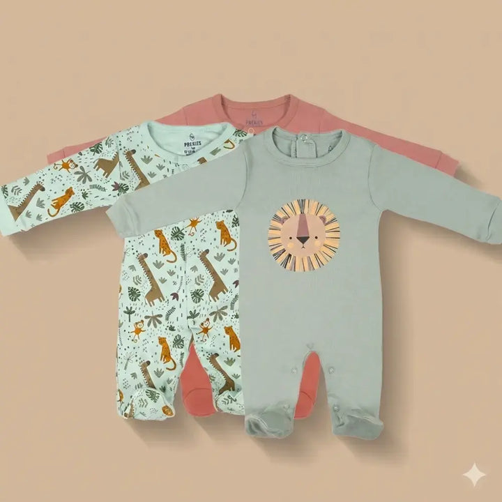Prekies Newborn Cotton Sleepsuits Lion Print - Multi (Set of 3)