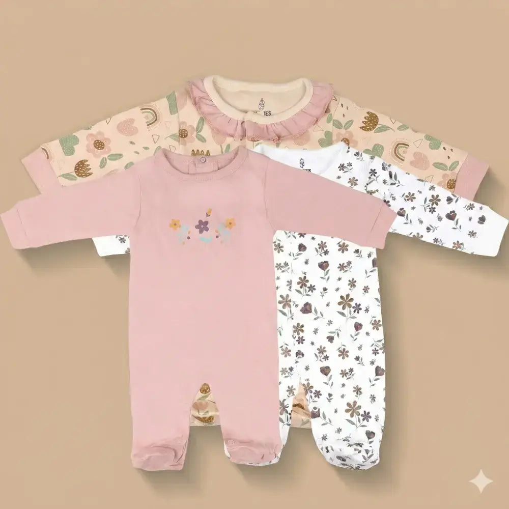 Prekies Newborn Baby Girl Cotton Sleepsuits Flower Print - Multi (Set of 3)