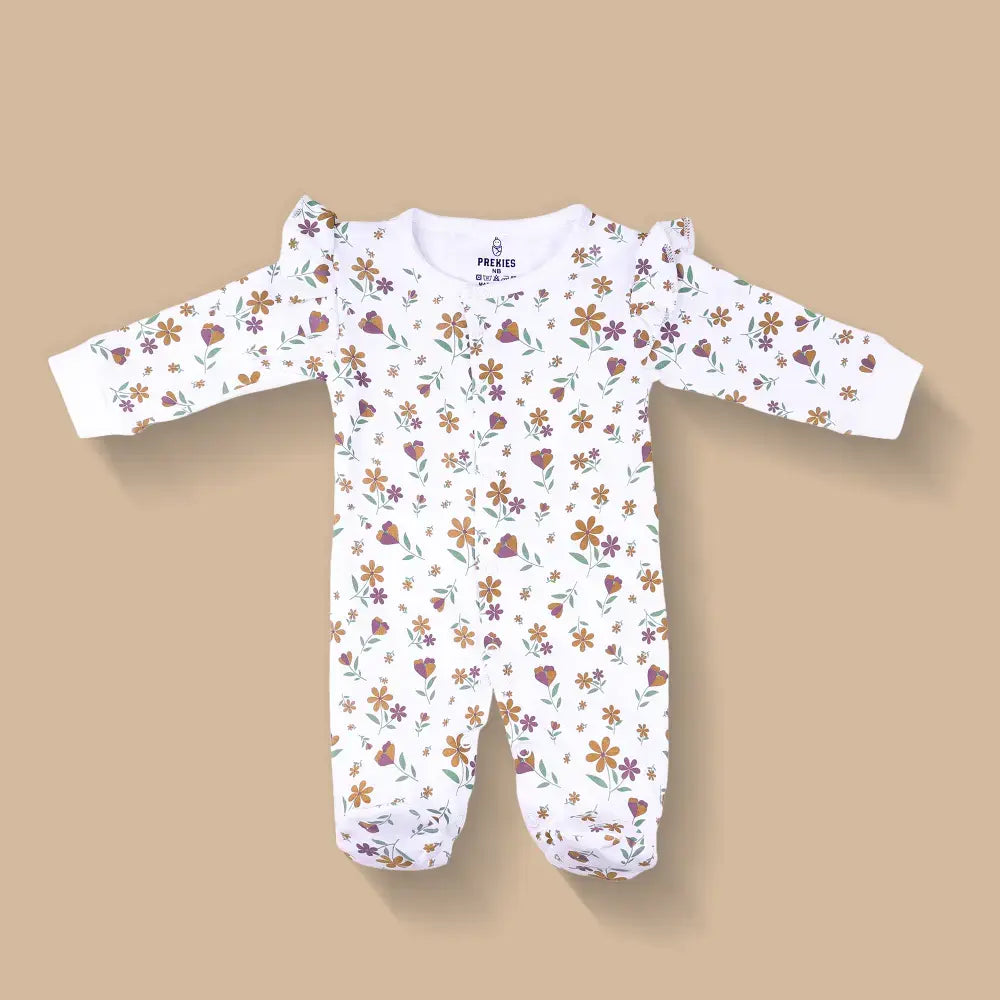 Prekies Newborn Baby Girl Cotton Sleepsuits Flower Print - Multi (Set of 3)