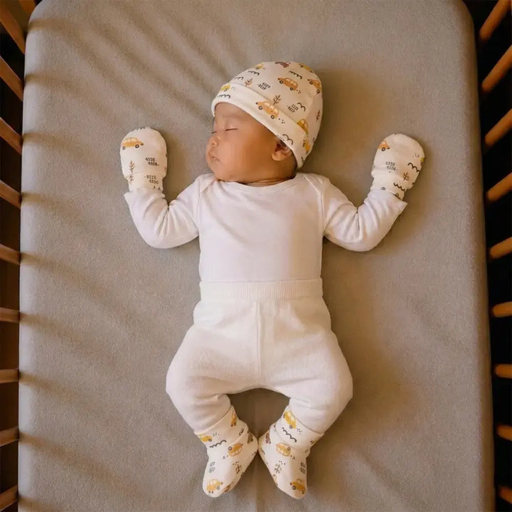 Prekies Newborn Cotton Cap, Mittens &amp; Booties Set Car Print - Cream