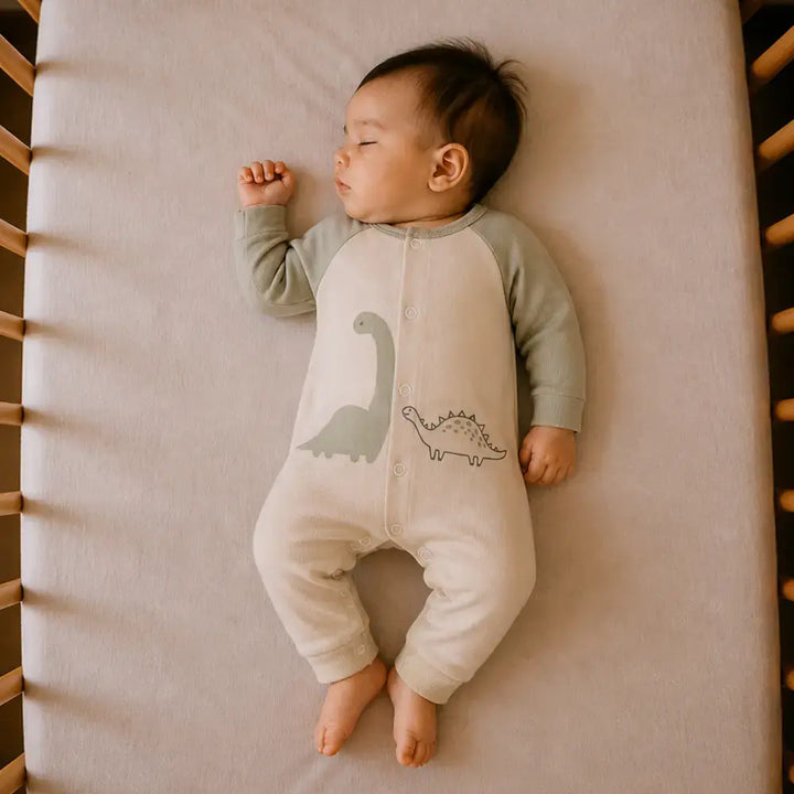 Prekies Newborn Cotton Sleepsuit Dino Print - Olive Green &amp; Beige