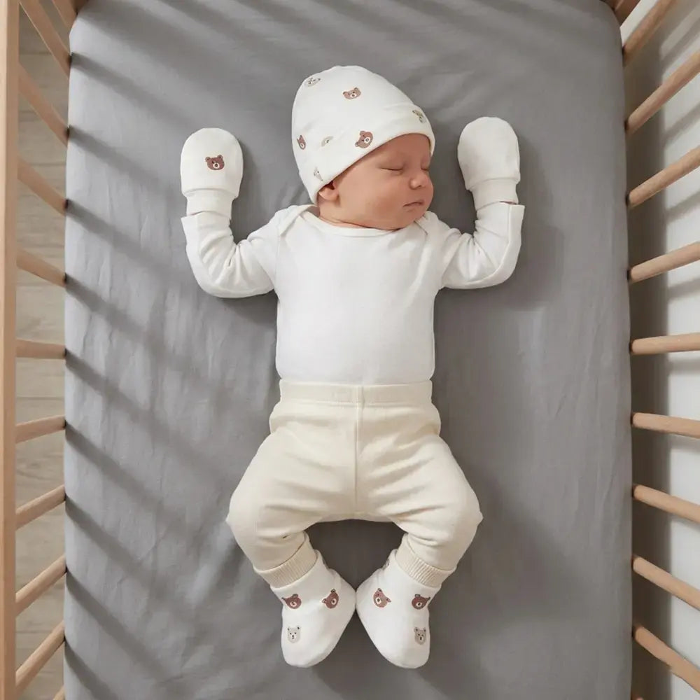Prekies Newborn Cotton Cap, Mittens &amp; Booties Set Teddy Print - Cream