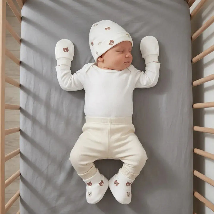 Prekies Newborn Cotton Cap, Mittens &amp; Booties Set Teddy Print - Cream