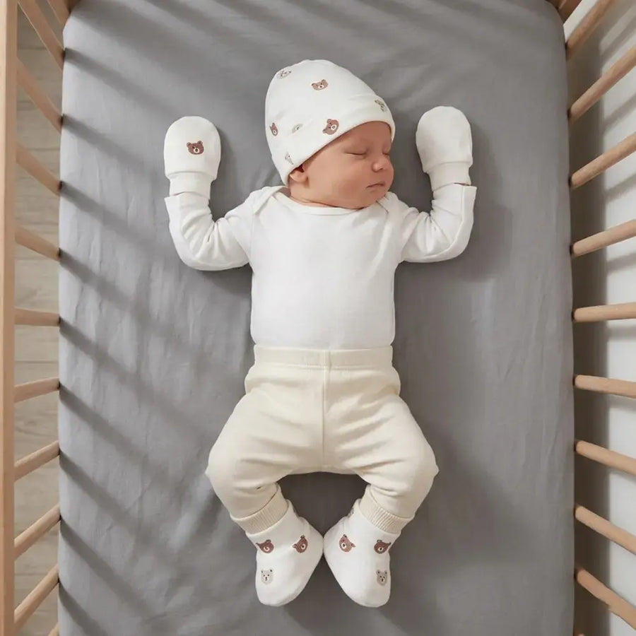Prekies Newborn Cotton Cap, Mittens & Booties Set Teddy Print - Cream