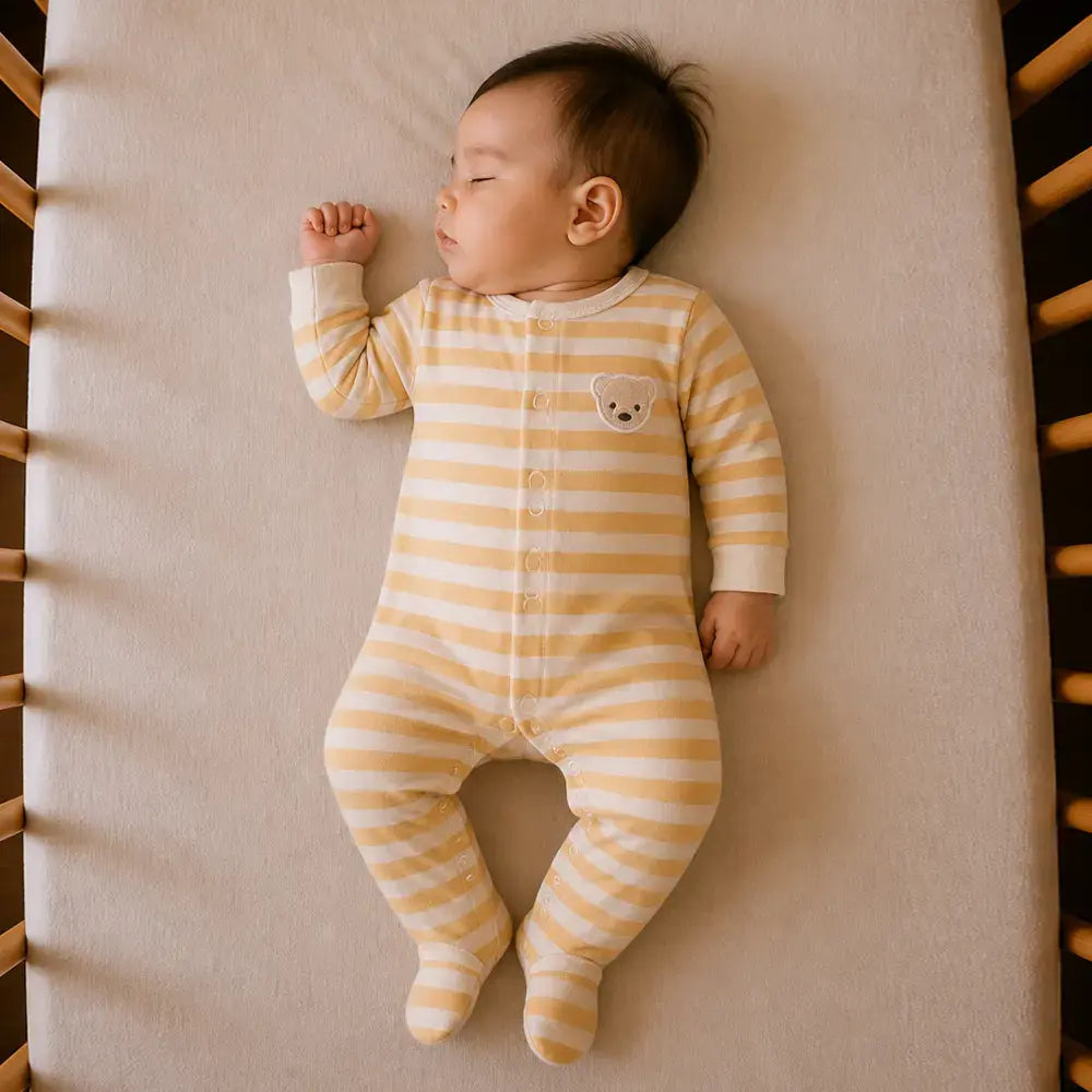 Prekies Newborn Cotton Sleepsuit Bear Face Print - Beige &amp; Brown
